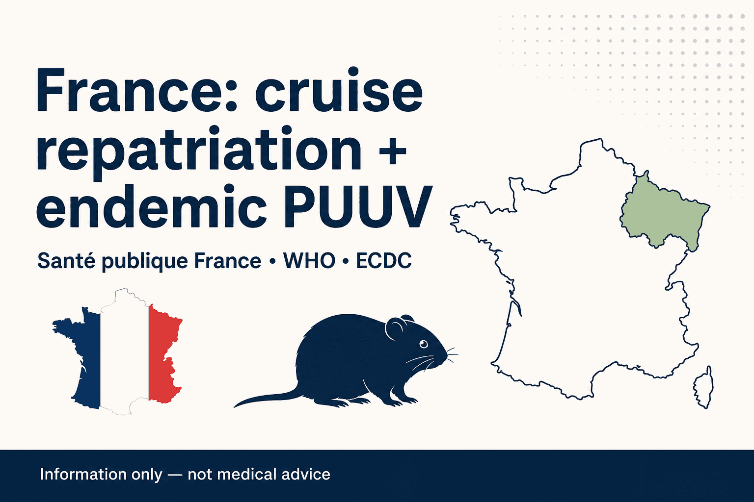 Editorial banner: France cruise repatriation and endemic Puumala context, Santé publique France and agency sources, information only disclaimer