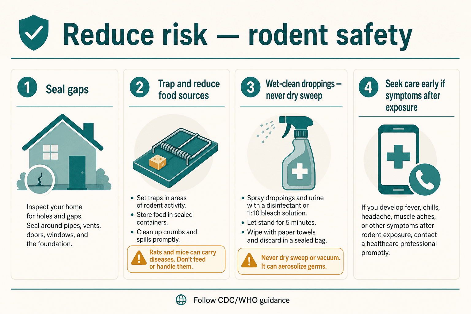 Rodent safety prevention infographic: seal entry points, trap and remove attractants, wet-clean rodent waste, seek medical care early