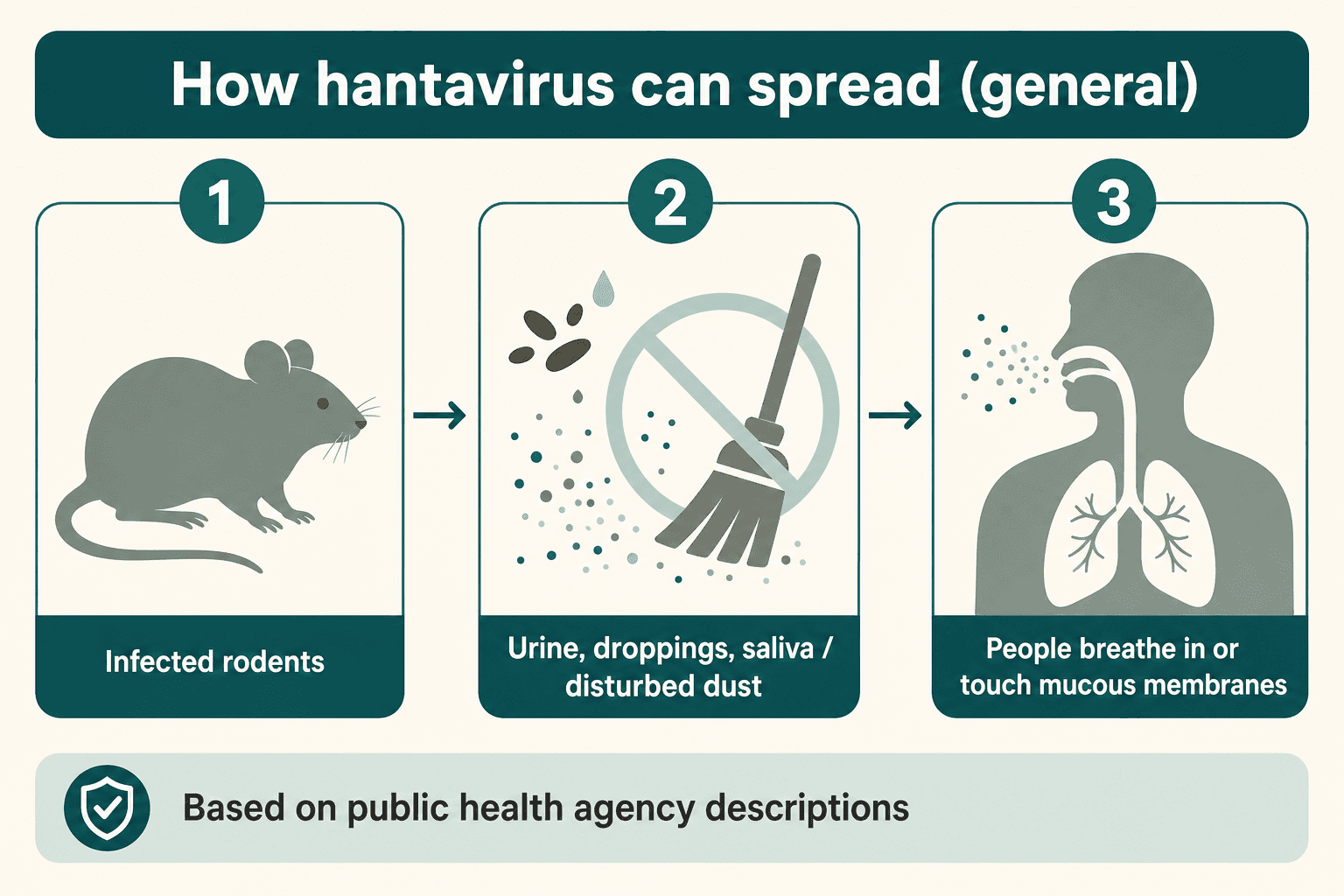 Infographic diagram: infected rodents, disturbed dust from droppings, and breathing or touching mucous membranes as described by health agencies